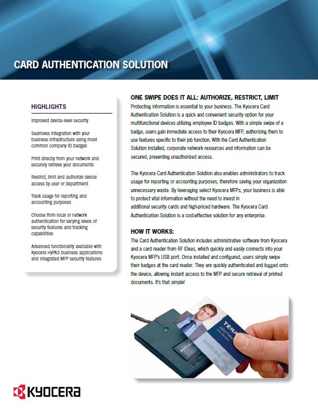 Kyocera Software Cost Control And Security Card Authentication Data Sheet Thumb, Digital Document Solutions, RI, MA, Kyocera, Canon, Xerox