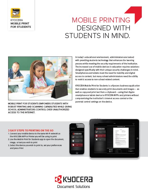 Kyocera Software Mobile And Cloud Kyocera Mobile Print For Students Data Sheet Thumb, Digital Document Solutions, RI, MA, Kyocera, Canon, Xerox