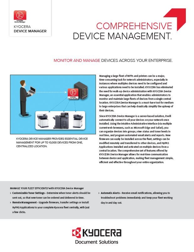 Kyocera Software Network Device Management Kyocera Device Manager Data Sheet Thumb, Digital Document Solutions, RI, MA, Kyocera, Canon, Xerox