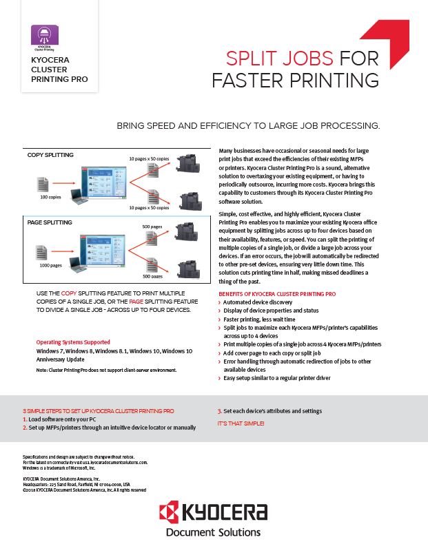 Kyocera Software Output Management Kyocera Cluster Printing Pro Data Sheet Thumb, Digital Document Solutions, RI, MA, Kyocera, Canon, Xerox